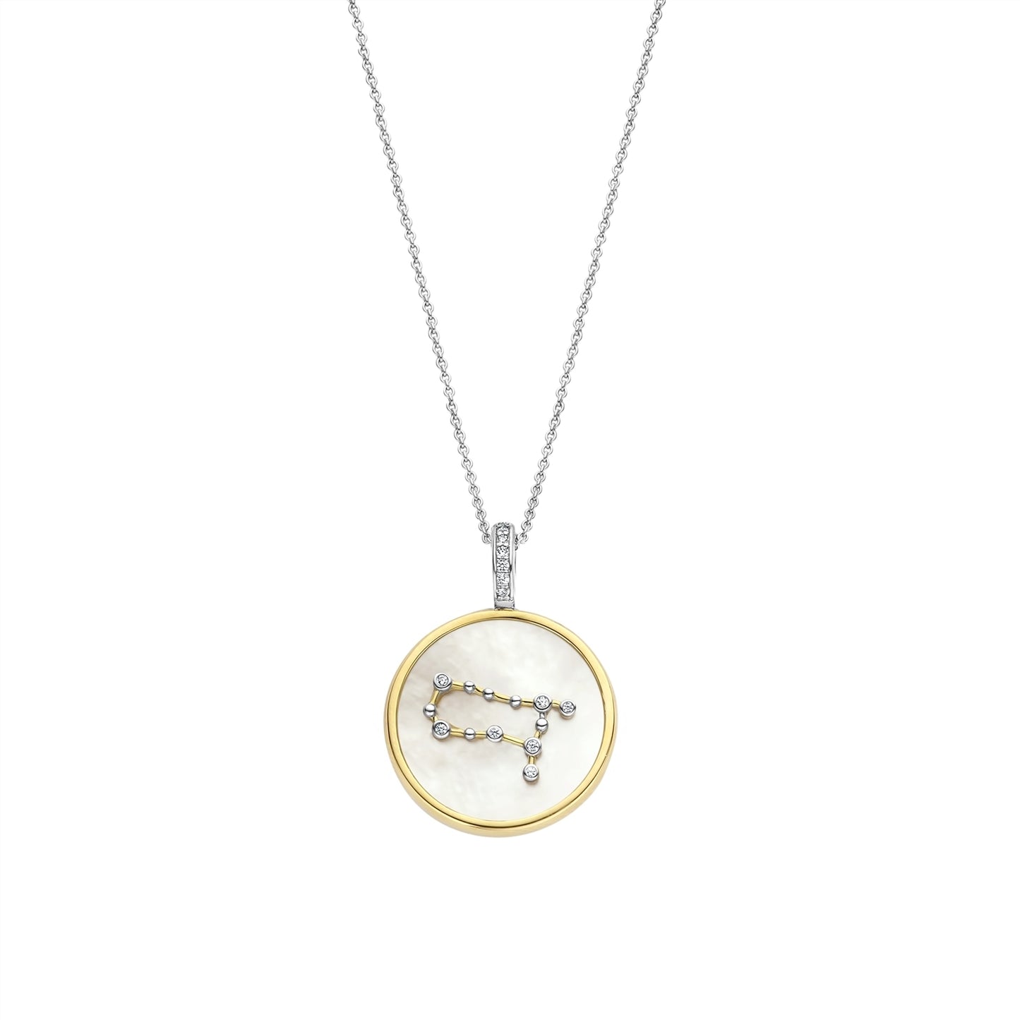 Necklace with a round pendant featuring a gemini sign on gold border and white stone on a white background
