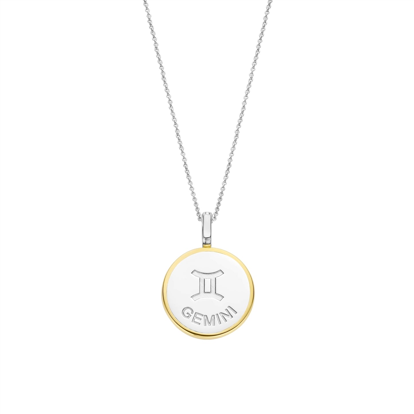 Necklace with a round pendant featuring a gemini sign on gold border and white stone on a white background