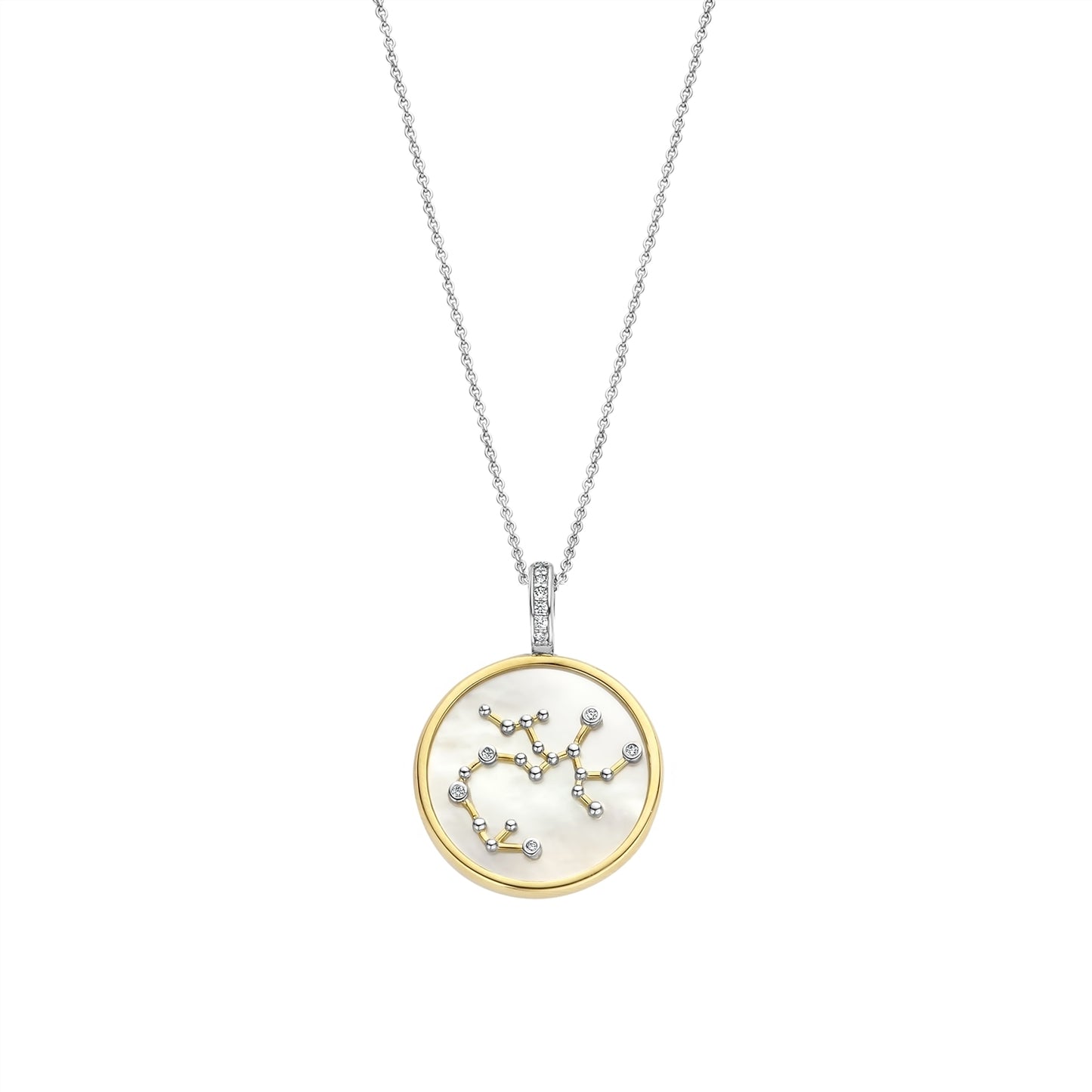 Necklace with a round pendant featuring a sagittarius sign on gold border and white stone on a white background