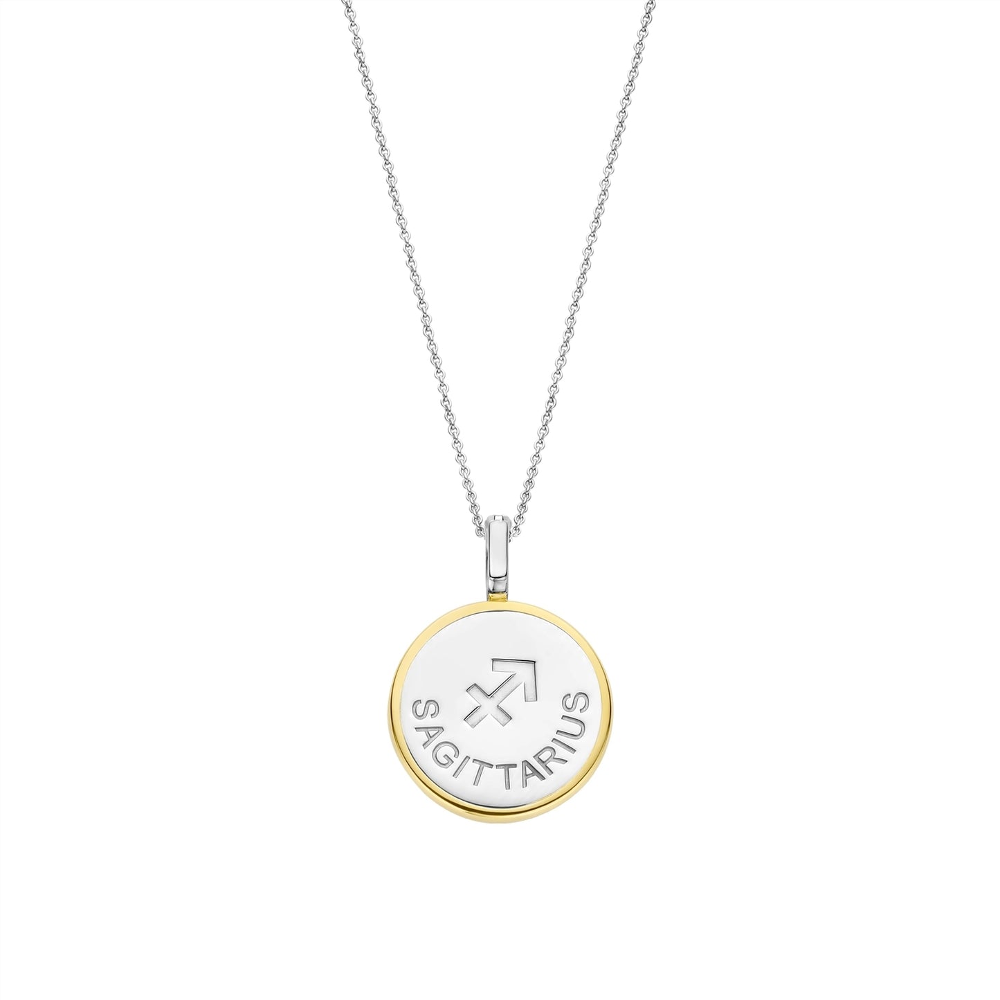 Necklace with a round pendant featuring a sagittarius sign on gold border and white stone on a white background