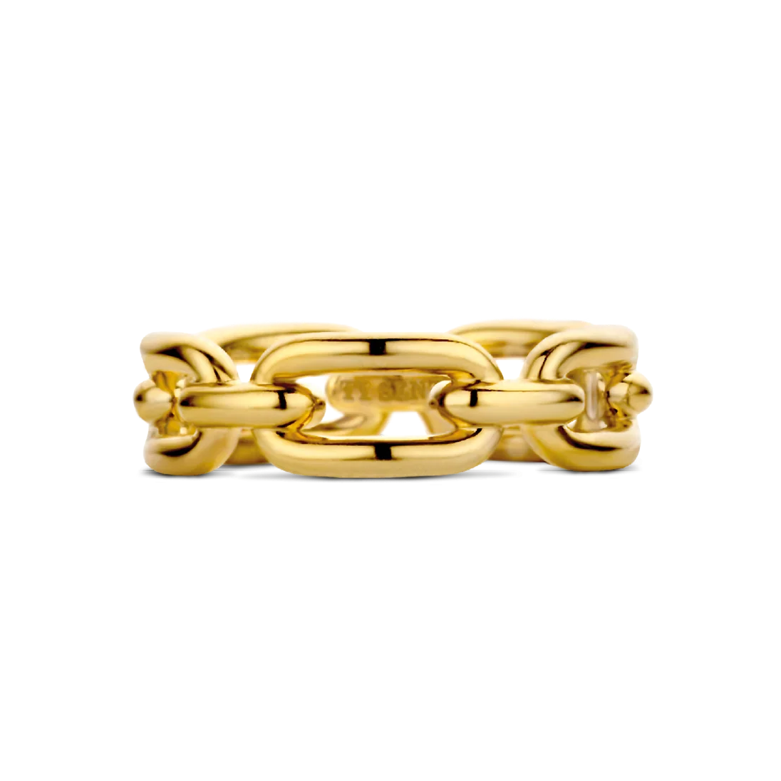 Gold chain-link ring on a white background
