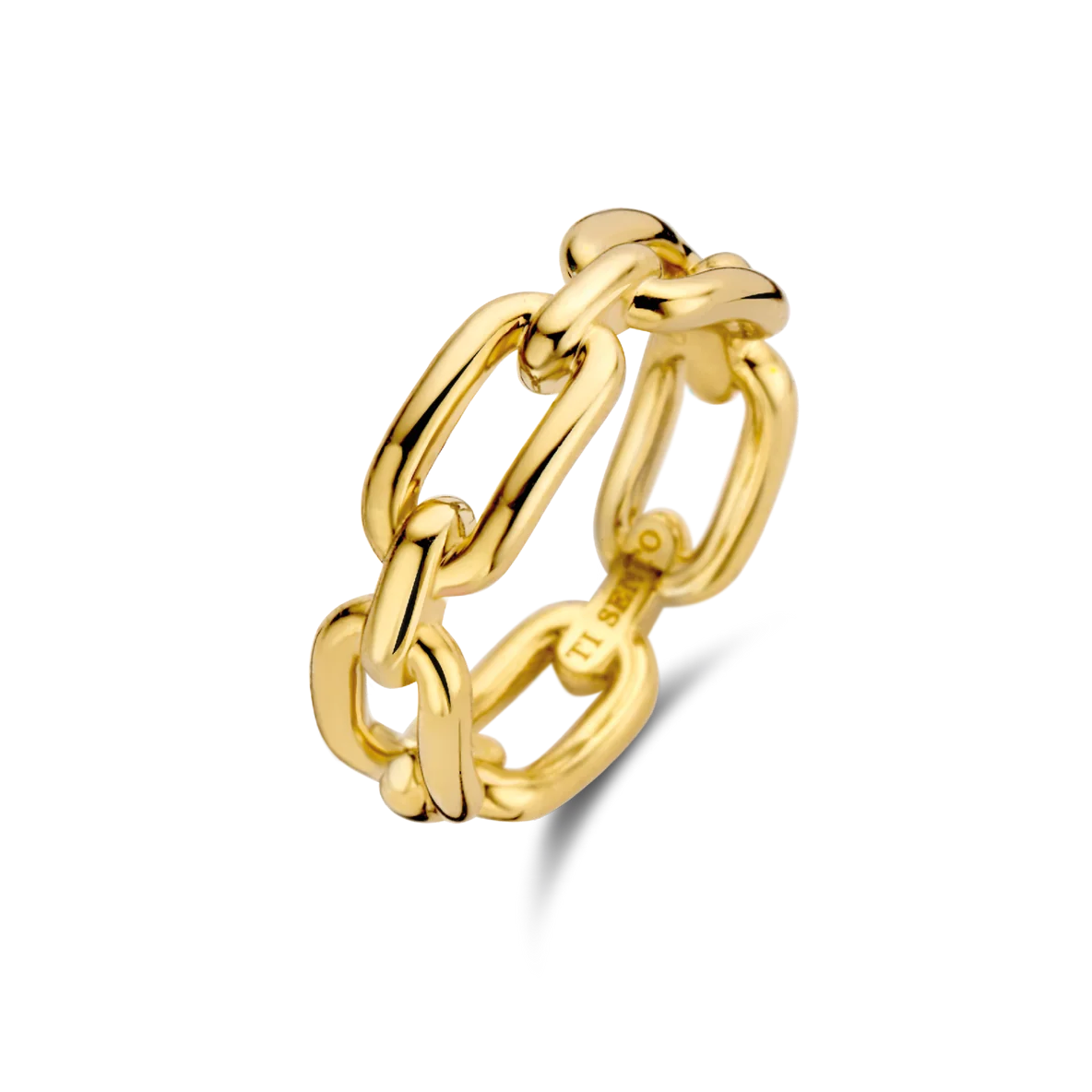 Gold chain-link ring on a white background