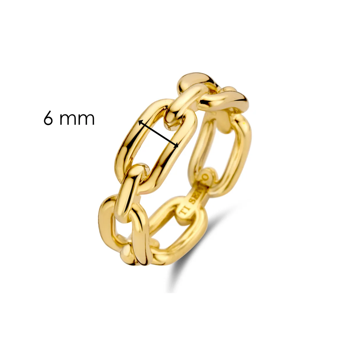 Gold chain ring with a measurement label on a white background