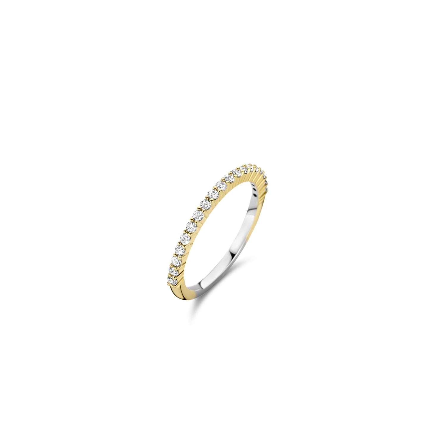 Two-tone gold ring with small diamonds on a white background