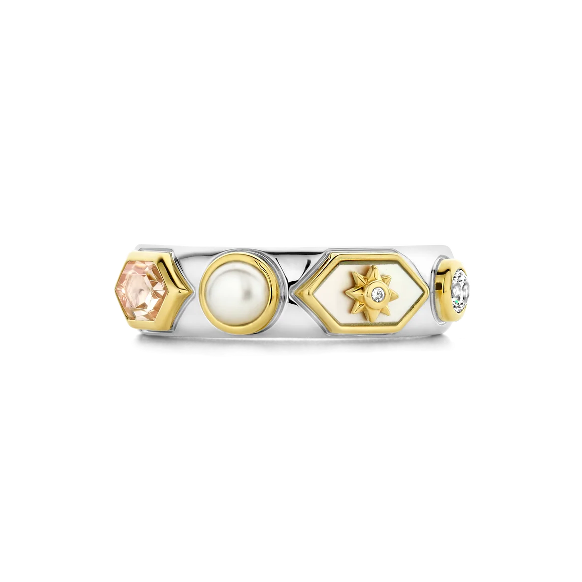 Multicolored ring with geometric designs on a white background