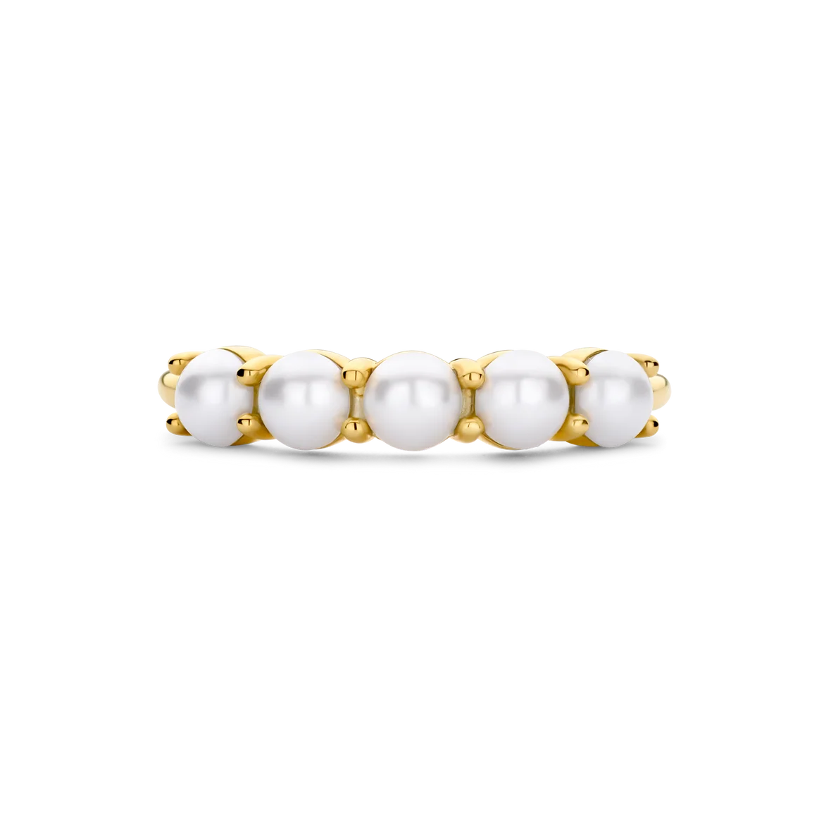 Gold ring with pearls on a white background