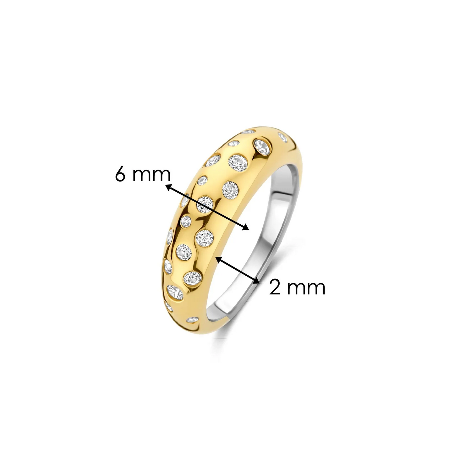 Gold and silver ring with measurements on a white background