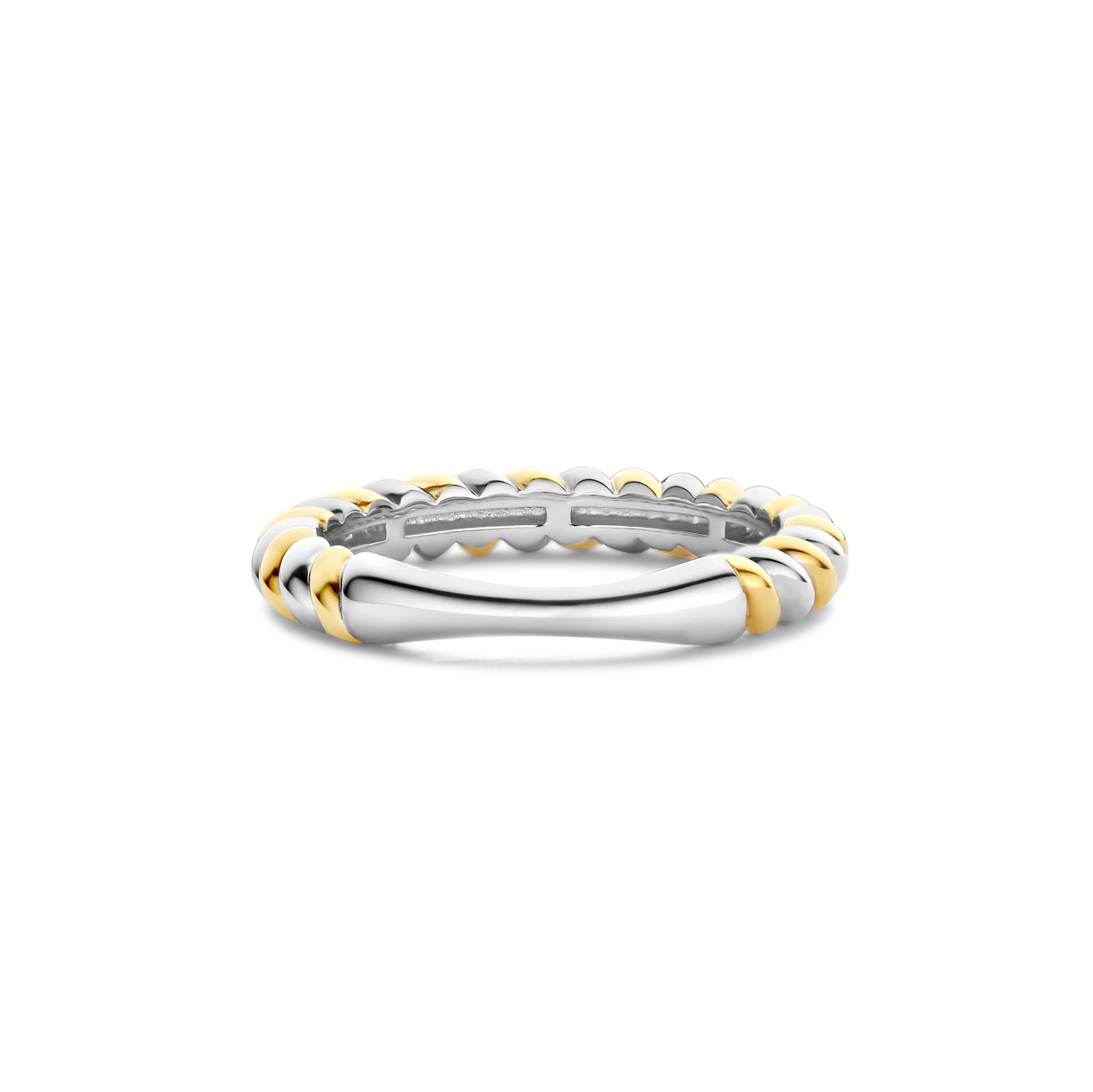 Two-tone ring with gold and silver bands on a white background