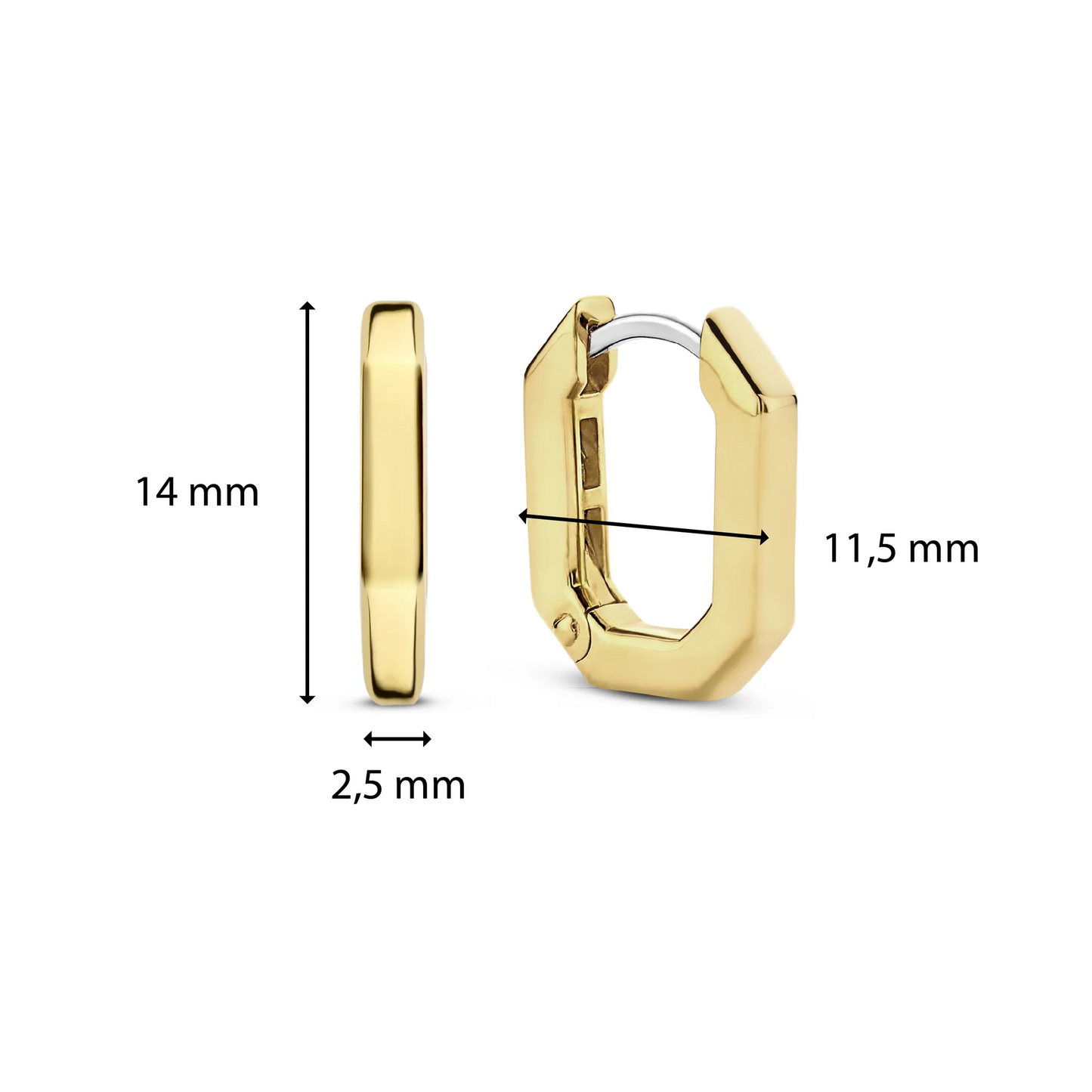 Gold hoop earrings with measurements on a white background