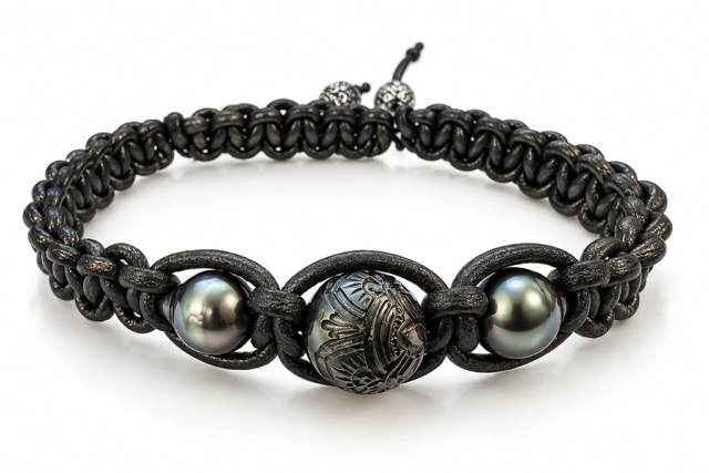 Carved Tahitian Pearl Macrame Bracelet