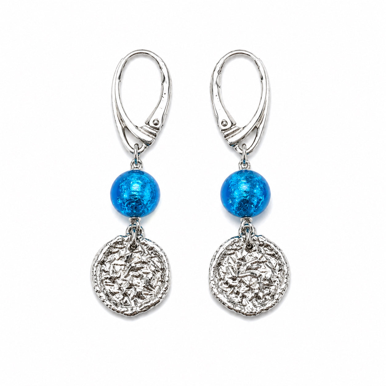 Teal Venetian Glass & Textured Disc Drop Earrings - Sterling Silver