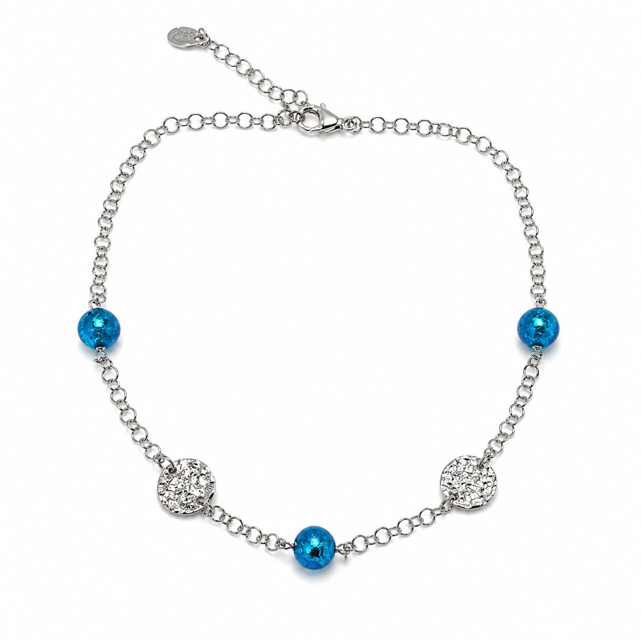 Teal Venetian Glass & Textured Disc Necklace - Sterling Silver