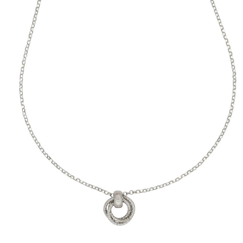 Silver necklace with a circular pendant on a white background