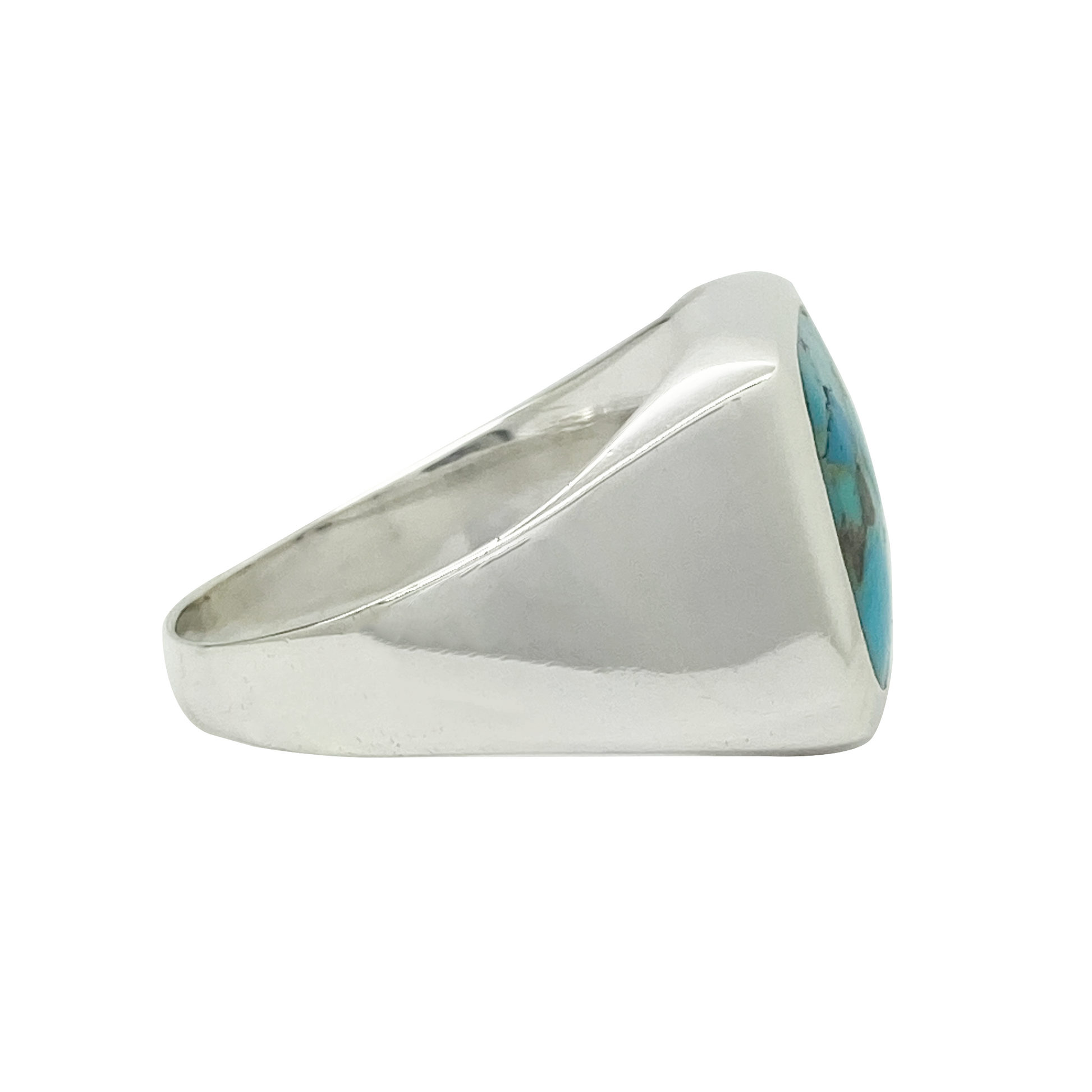 Silver ring with a turquoise stone on a white background