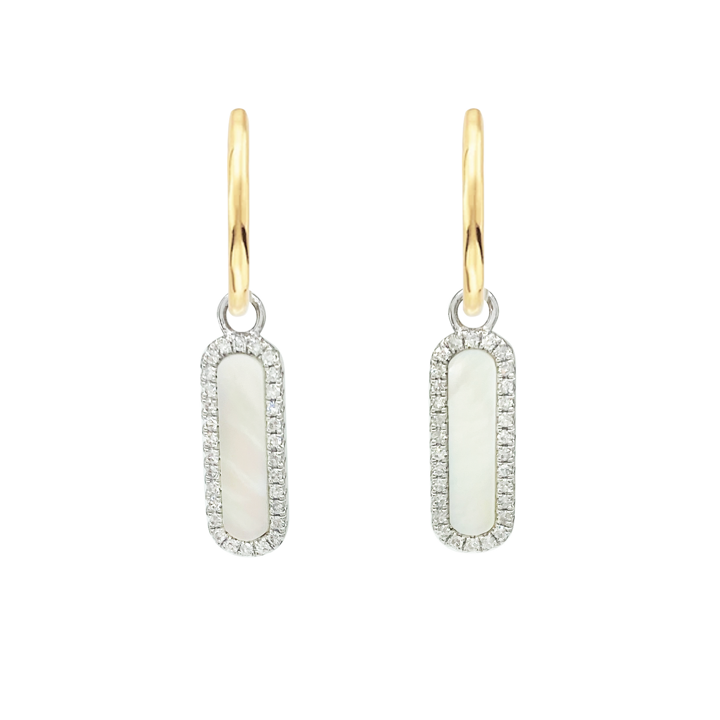 Gold hoop earrings with a rectangular-shaped mother-of-pearl pendant set in a diamond halo. The background is white.