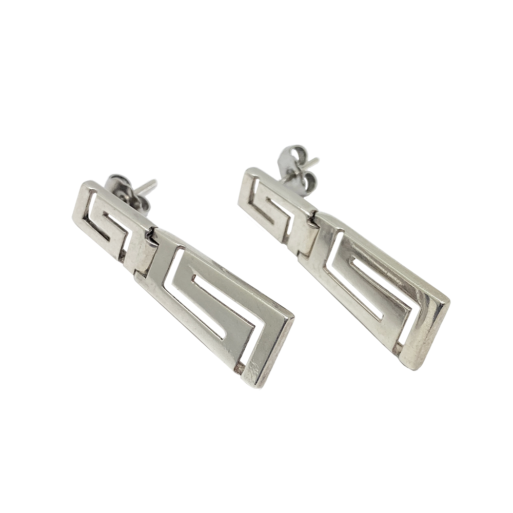 Silver earrings with a Greek key design. The background is white.
