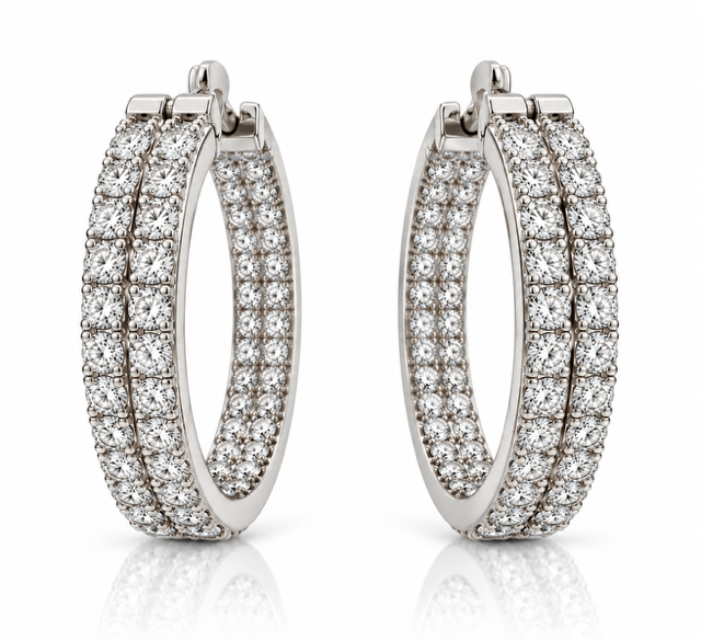 10K White Gold Inside Out Hoop Earrings with 2ct Natural Diamonds