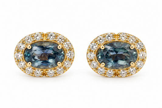 10K Yellow Gold Halo Stud Earrings with Montana Sapphire and Natural Diamonds