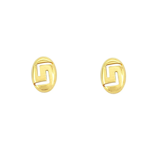 Gold oval-shaped earrings with a cut-out Greek key design. The background is white.