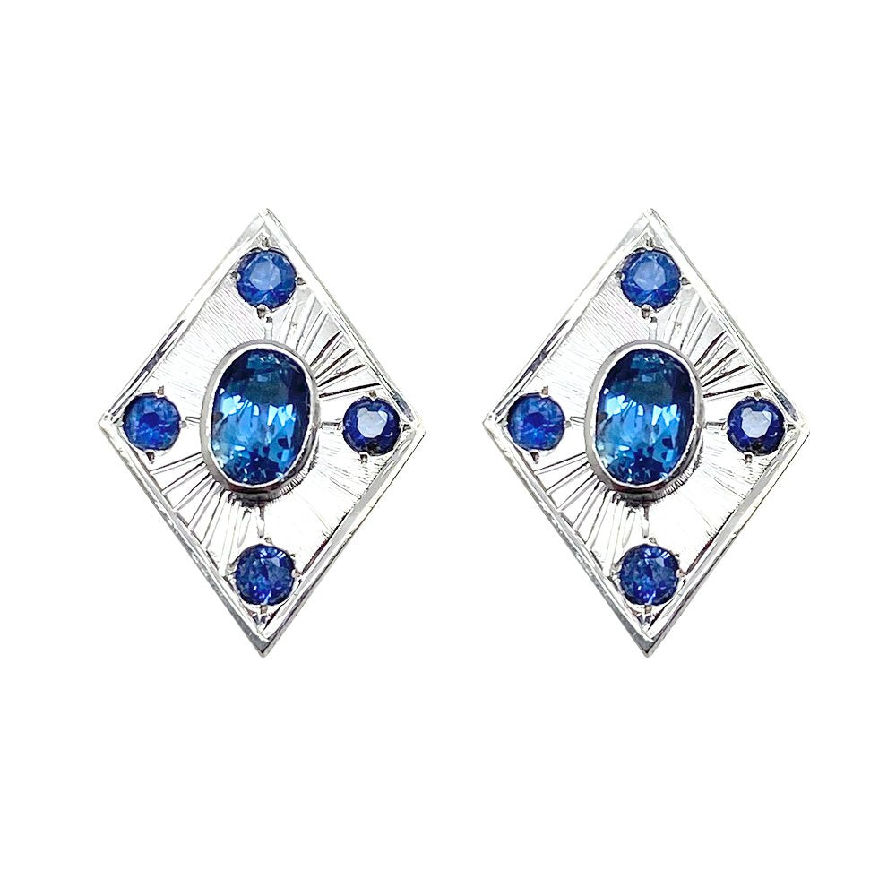 Pair of Art Deco inspired earrings with a square design and blue sapphire gemstones. 