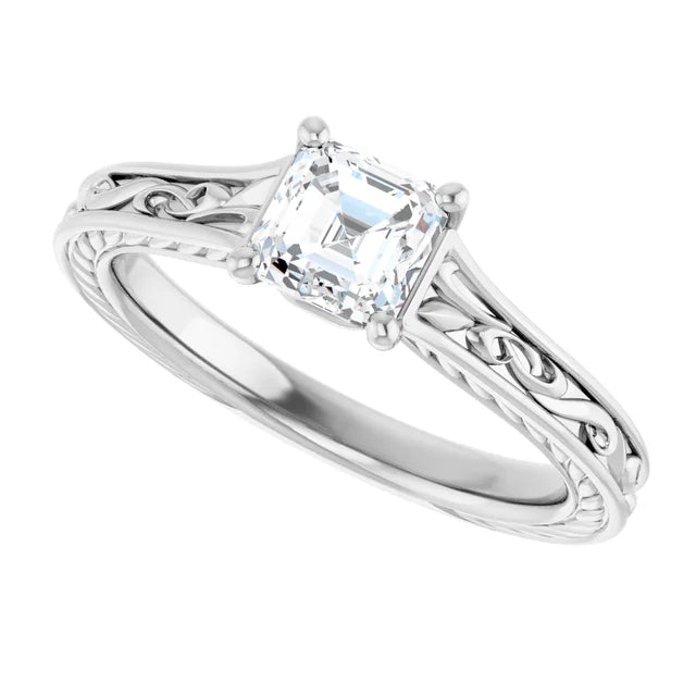 14K White Gold 0.71 CTW Asscher-Cut Diamond Engagement Ring with Vintage-Inspired Solitaire Setting