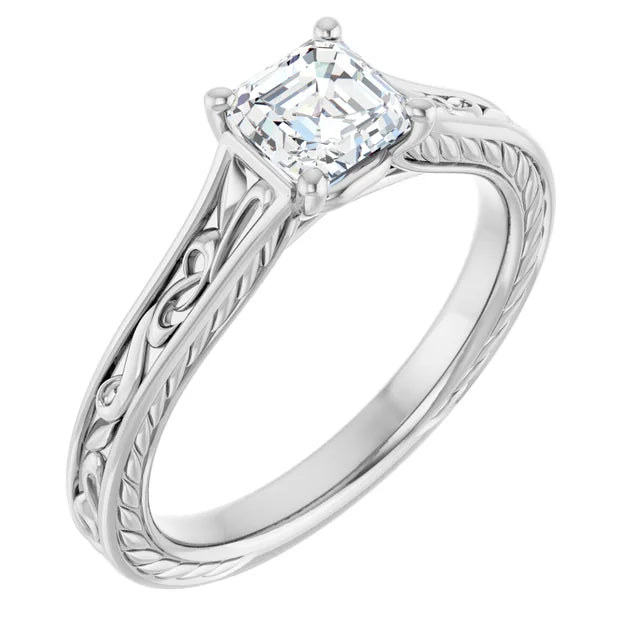 14K White Gold 0.71 CTW Asscher-Cut Diamond Engagement Ring with Vintage-Inspired Solitaire Setting