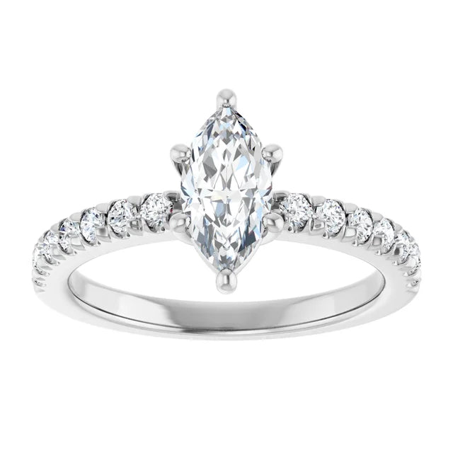 14K White Gold 0.84 CTW Marquise Lab Grown Diamond Engagement Ring with Solitaire and Pavé Band- Paul's Jewelers Milwaukee