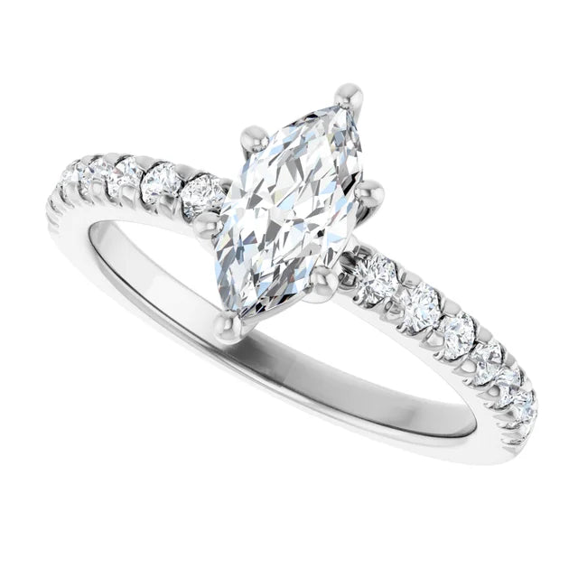 14K White Gold 0.84 CTW Marquise Lab Grown Diamond Engagement Ring with Solitaire and Pavé Band- Paul's Jewelers Milwaukee