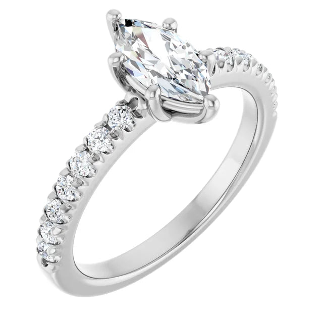 14K White Gold 0.84 CTW Marquise Lab Grown Diamond Engagement Ring with Solitaire and Pavé Band- Paul's Jewelers Milwaukee