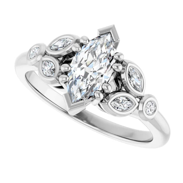 14K White Gold 0.90 CTW Marquise Vintage Inspired Lab Grown Diamond Engagement Ring with Nature-Inspired Accents- Paul's Jewelers Milwaukee