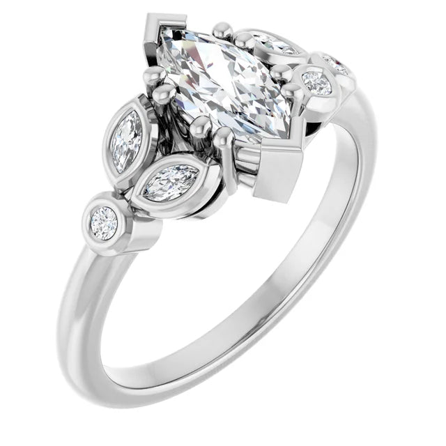 14K White Gold 0.90 CTW Marquise Vintage Inspired Lab Grown Diamond Engagement Ring with Nature-Inspired Accents- Paul's Jewelers Milwaukee