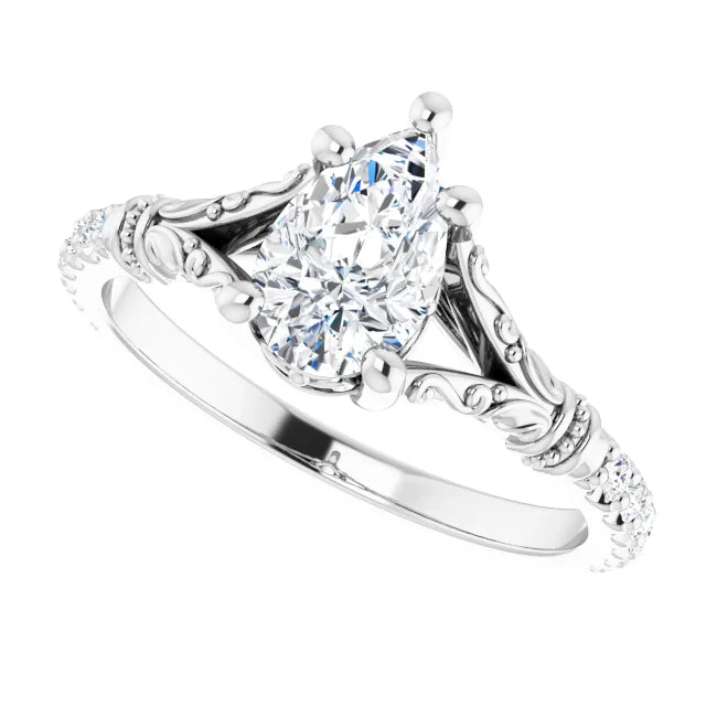 14K White Gold 0.91 CTW Pear Vintage Inspired Lab Grown Diamond Engagement Ring with Split Shank- Paul's Jewelers Milwaukee