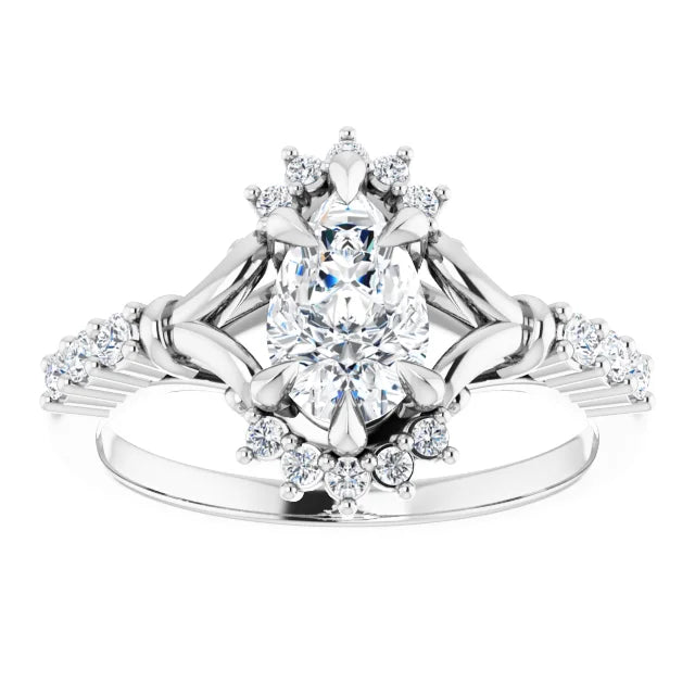 14K White Gold 0.96 CTW Pear Halo Cluster Lab Grown Diamond Engagement Ring with Pavé Band- Paul's Jewelers Milwaukee