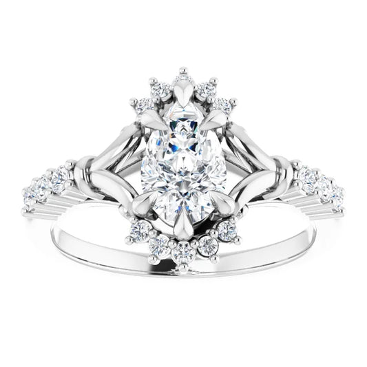 14K White Gold 0.96 CTW Pear Halo Cluster Lab Grown Diamond Engagement Ring with Pavé Band- Paul's Jewelers Milwaukee