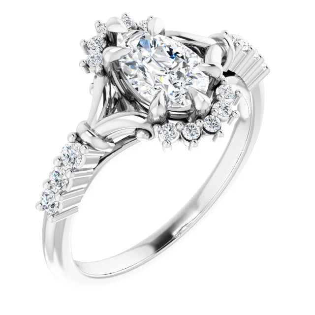 14K White Gold 0.96 CTW Pear Halo Cluster Lab Grown Diamond Engagement Ring with Pavé Band- Paul's Jewelers Milwaukee