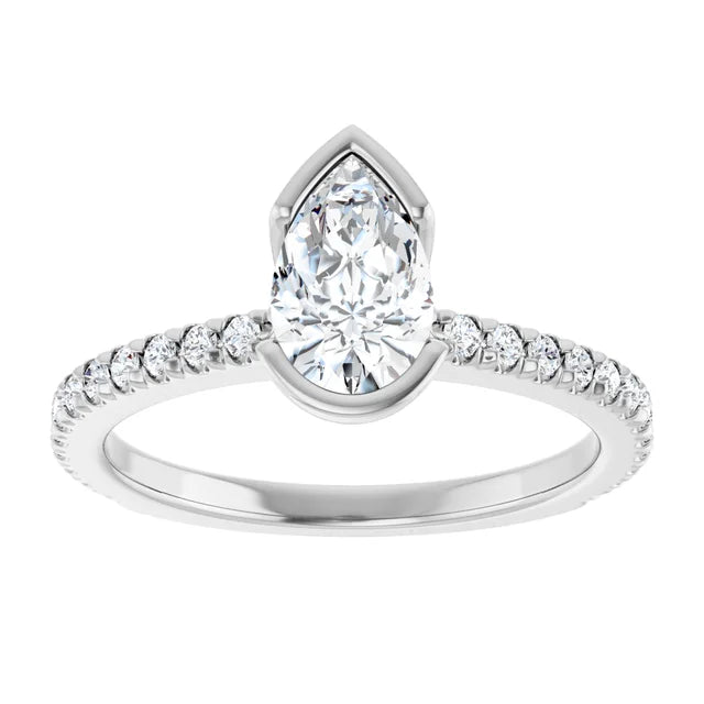 14K White Gold 0.98 CTW Pear Lab Grown Diamond Bezel Engagement Ring with Pavé Band- Paul's Jewelers Milwaukee