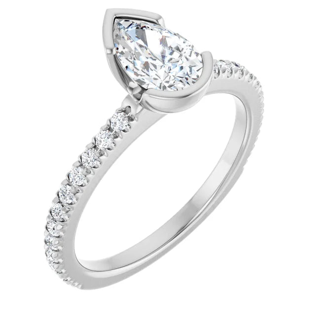14K White Gold 0.98 CTW Pear Lab Grown Diamond Bezel Engagement Ring with Pavé Band- Paul's Jewelers Milwaukee