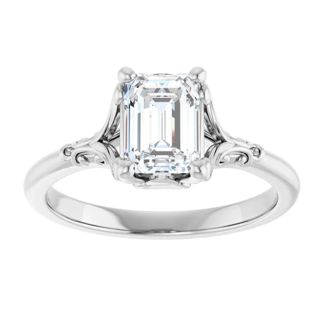 14K White Gold 1.07 CTW Emerald Solitaire Lab Grown Diamond Engagement Ring with Vintage Accent- Paul's Jewelers Milwaukee
