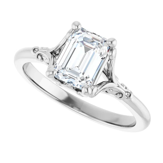 14K White Gold 1.07 CTW Emerald Solitaire Lab Grown Diamond Engagement Ring with Vintage Accent- Paul's Jewelers Milwaukee