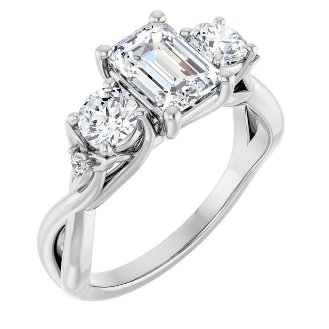 14K White Gold 1.32 CTW Emerald-Cut Lab Grown Diamond Twisted Three Stone Engagement Ring- Paul's Jewelers Milwaukee