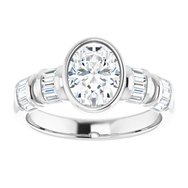 14K White Gold 1.41 CTW Oval Lab Grown Diamond Bezel Engagement Ring with Side Stones- Paul's Jewelers Milwaukee