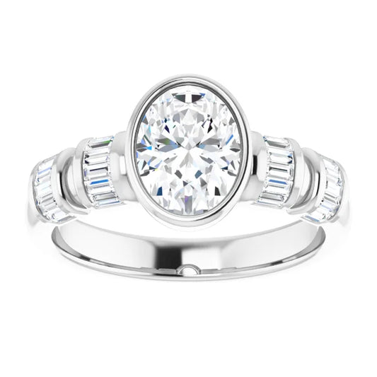 14K White Gold 1.41 CTW Oval Lab Grown Diamond Bezel Engagement Ring with Side Stones- Paul's Jewelers Milwaukee
