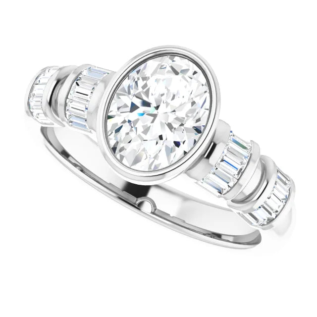 14K White Gold 1.41 CTW Oval Lab Grown Diamond Bezel Engagement Ring with Side Stones- Paul's Jewelers Milwaukee