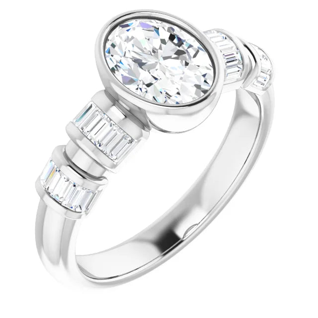 14K White Gold 1.41 CTW Oval Lab Grown Diamond Bezel Engagement Ring with Side Stones- Paul's Jewelers Milwaukee