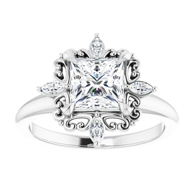 14K White Gold 1.41 CTW Princess Halo Vintage Inspired Lab Grown Diamond Engagement Ring- Paul's Jewelers Milwaukee