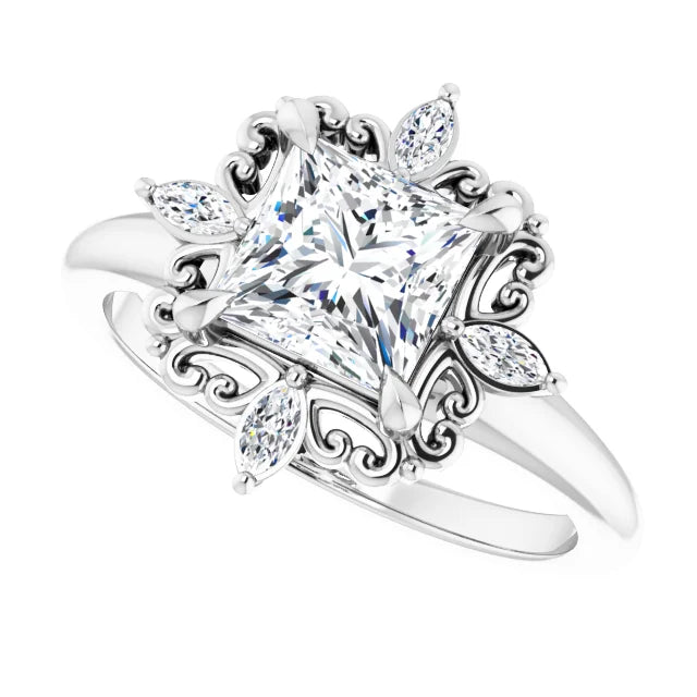 14K White Gold 1.41 CTW Princess Halo Vintage Inspired Lab Grown Diamond Engagement Ring- Paul's Jewelers Milwaukee
