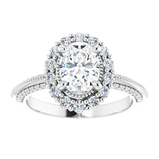 14K White Gold 1.53 CTW Oval Halo Vintage Inspired Milgrain Lab Grown Diamond Engagement Ring- Paul's Jewelers Milwaukee