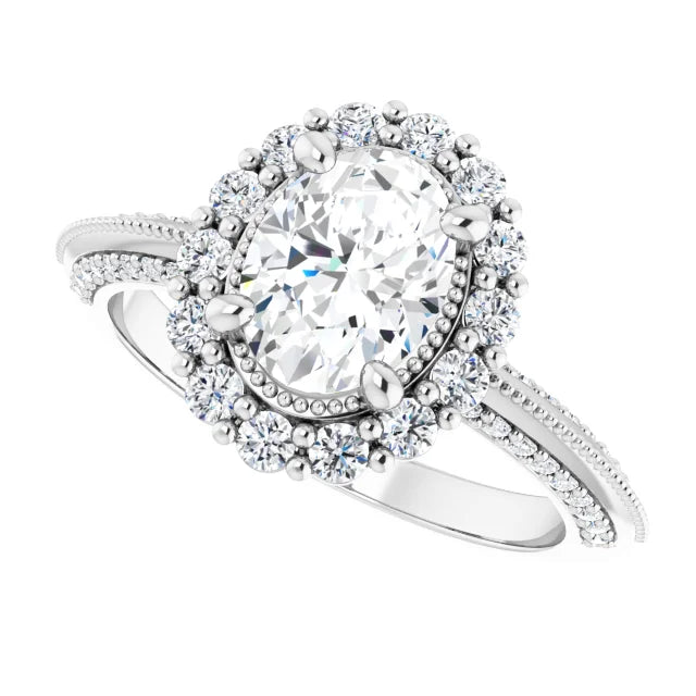 14K White Gold 1.53 CTW Oval Halo Vintage Inspired Milgrain Lab Grown Diamond Engagement Ring- Paul's Jewelers Milwaukee