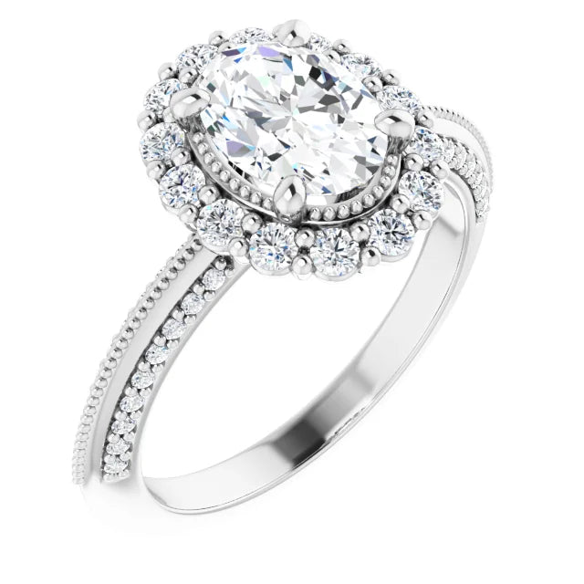 14K White Gold 1.53 CTW Oval Halo Vintage Inspired Milgrain Lab Grown Diamond Engagement Ring- Paul's Jewelers Milwaukee