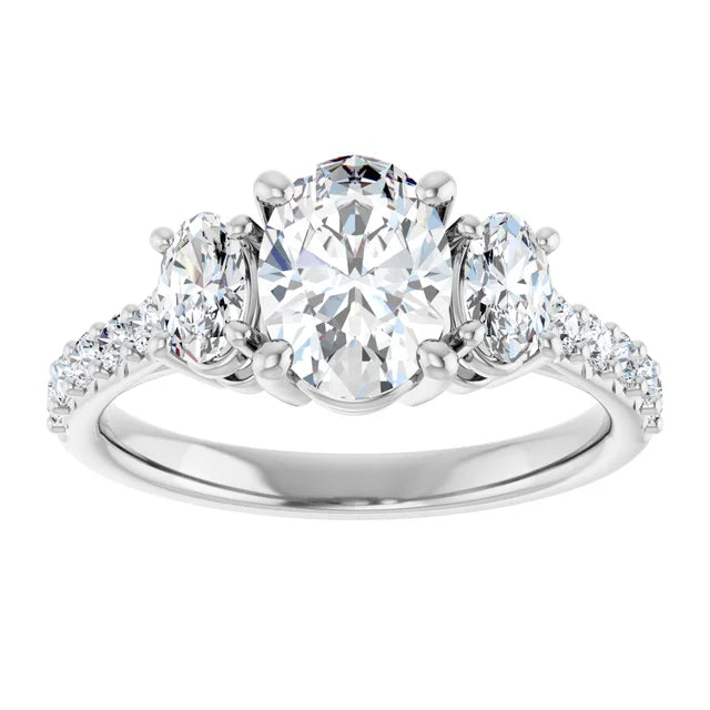 14K White Gold 1.65 CTW Oval Lab Grown Diamond Three Stone Engagement Ring with Pavé Band- Paul's Jewelers Milwaukee